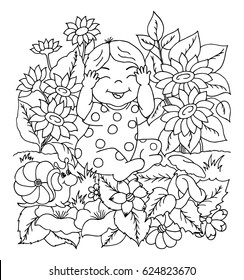 Vector illustration of a zentangl playing child in a clearing among the flowers. Drawing doodles. Coloring page Anti-stress for adults and children. Work done in manual. Black and white.