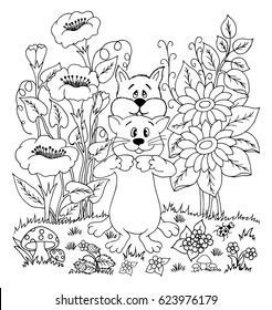 Vector illustration of a zentangl playing kittens on a clearing among the flowers. Drawing doodles. Coloring page Antistress for adults and children. Work done in manual. Black and white.