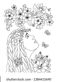 Vector illustration zentangl. Portrait of a girl looking at a blooming tree branch. Coloring book. Antistress for adults and children. Work done in manual mode. Black and white.