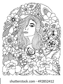 Vector illustration zentangl, portrait of a girl among the flowers. Coloring book anti stress for adults. Black and white.