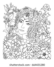  Vector illustration zentangl. Portrait of a princess surrounded by flowers. Coloring book. Antistress for adults and children. The work was done in manual mode. Black and white.