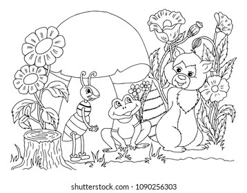 Vector illustration zentangl. Raccoon, frog and ant under the mushroom in the clearing among the flowers. Coloring book. Antistress for adults and children. The work was done in manual mode. Black and