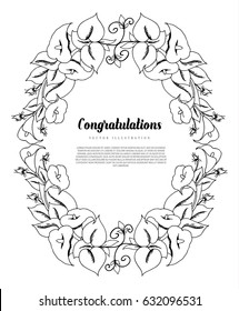 Vector illustration zentangl round frame for congratulations and invitations of lily flowers. Work done by hand. Drawing doodles. Meditative exercises. Coloring book for adults. Black and white.