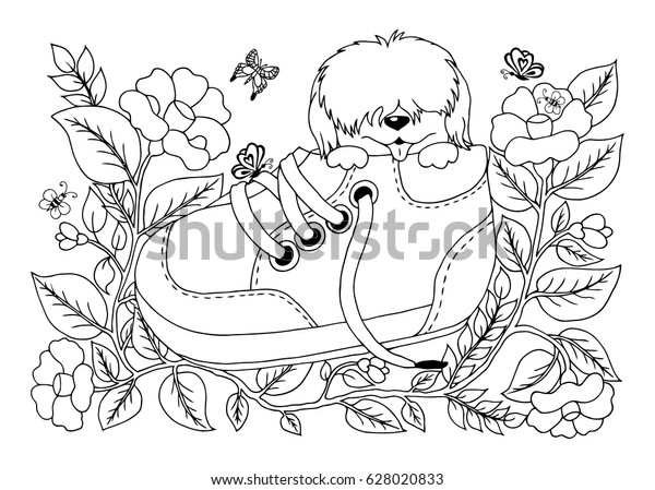 花の中で靴の中に座っている ゼンタングルの毛むくじゃらの子犬のベクターイラスト 図面の落書き カラーリングページ大人と子どものアンチストレス 手作業 白黒 のベクター画像素材 ロイヤリティフリー
