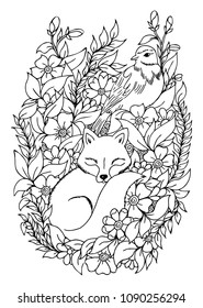 Vector illustration zentangl. A sleeping fox in flowers with a bird sitting over his head. Coloring book. Antistress for adults and children. The work was done in manual mode. Black and white.