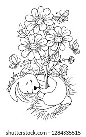 Vector illustration zentangl. Sleeping rabbit among flowers. Coloring book. Antistress for adults and children. Work done in manual mode. Black and white.