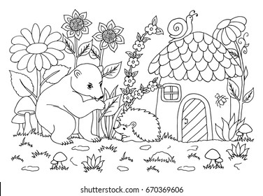 Vector illustration zentangl. A small bear with a hedgehog near the house on a clearing among the flowers. Coloring book. Anti Stress for adults and children. The work is done in manual mode. 