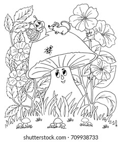 Vector illustration zentangl. A snail with a mouse climbed onto a large mushroom. Coloring book. Anti-stress for adults and children. The work is done in manual mode. Black and white.