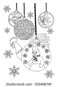 Vector illustration zentangl, snowman in a New Year's toys. Coloring Book, anti stress for adults. Black and white.