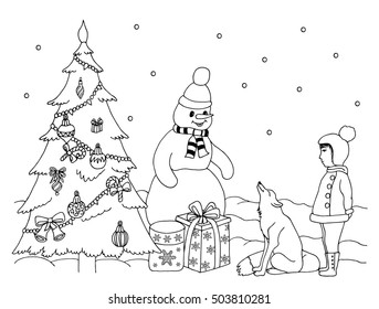 Vector illustration zentangl snowman under the the Christmas tree with gifts. Coloring Book, anti stress for adults. Black and white.