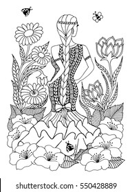 Vector illustration zentangl Spanish woman girl standing in in the flowers. Doodle drawing. Meditative exercises. Coloring book anti stress for adults. Black and white.