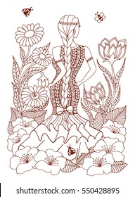 Vector illustration zentangl Spanish woman girl standing in in the flowers. Doodle drawing. Meditative exercises. Coloring book anti stress for adults.Brown and white.