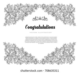 Vector illustration zentangl. A square frame for congratulating flowers and butterflies. Coloring book. Anti-stress for adults and children. The work is done in manual mode. Black and white.