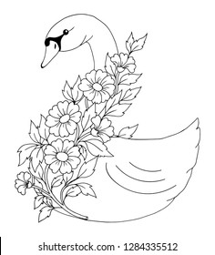 Vector illustration zentangl. Swan with a sprig of flowers. Coloring book. Antistress for adults and children. Work done in manual mode. Black and white.