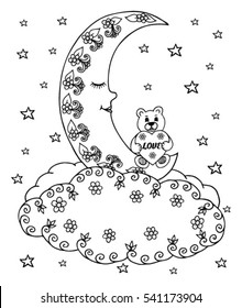 Vector illustration zentangl a teddy bear with a heart on the moon among the clouds and stars. Doodle drawing. Coloring book anti stress for adults. Meditative exercises. Black and white.