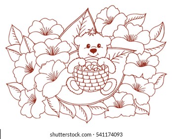 Vector illustration zentangl a teddy bear with a basket of mushrooms sitting among the flowers. Doodle drawing. Coloring book anti stress for adults. Meditative exercises. Brown and white.