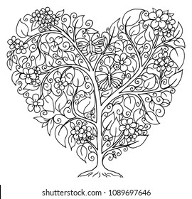 Vector illustration zentangl. A tree of love from flowers and a butterfly. Coloring book. Antistress for adults and children. The work was done in manual mode. Black and white.