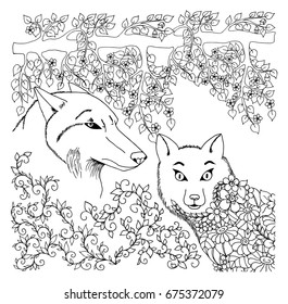 Vector illustration zentangl. A wolf with a fox under a flowering tree. Coloring book. Anti-stress for adults and children. The work is done in manual mode. Black and white.