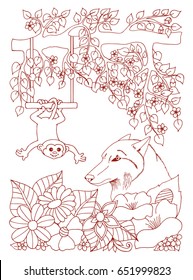 Vector illustration of a zentangl wolf with a monkey under a tree branch among the flowers. The work is done manually. The book is a coloring book for adults and children. Brown and white.