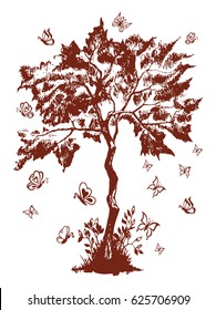 Vector illustration zentangl, young tree with butterflies. Coloring page Anti-stress for adults and children. Work done in manual. Brown and white.