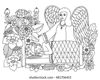 Vector illustration zentangle angel of a child beds. Doodle drawing. Meditative exercises. Coloring anti stress for adults. Black and white.