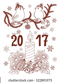 Vector illustration zentangle, birds on a branch and christmas candle among the flowers. Doodle drawing. Meditative exercises. Coloring book anti stress for adults.Brown and white.