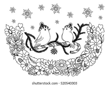 Vector illustration zentangle, bullfinch on a branch among the snowflakes and flowers. Doodle drawing. Meditative exercises. Coloring book anti stress for adults. Black and white.