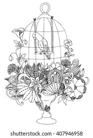 Vector illustration zentangle cage with a parrot with flowers. Coloring book anti stress for adults. Black and white.