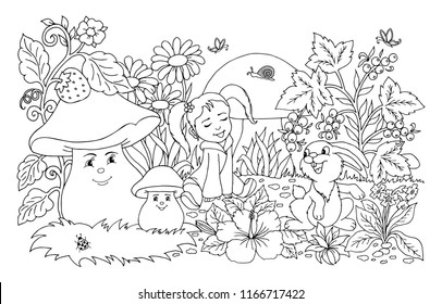 Vector illustration zentangle. The child plays hide and seek with a hare in a clearing among flowers and mushrooms. Coloring book. Antistress for adults and children. The work was done in manual mode. 