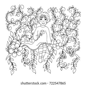 Vector illustration zentangle. A child with a rose sitting on a tree branch. Coloring book. Anti Stress for adults and children. The work was done in manual mode. Black and white.