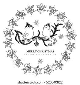 Vector illustration zentangle, Christmas birdies on a branch in the frame of the snowflakes. Doodle drawing. Meditative exercises. Coloring book anti stress for adults. Black and white.