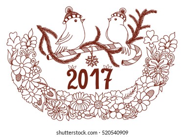 Vector illustration zentangle, Christmas birdies on a branch among the flowers. Doodle drawing. Meditative exercises. Coloring book anti stress for adults.Brown and white.