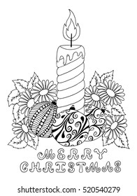 Vector illustration zentangle, Christmas candle in the colors. Doodle drawing. Meditative exercises. Coloring book anti stress for adults. Black and white.