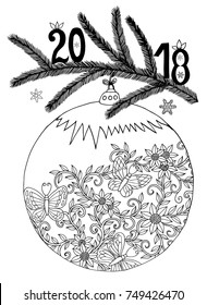 Vector illustration zentangle. Christmas toy on a branch decked out with flowers. Coloring book. Antistress for adults and children. The work was done in manual mode. Black and white.