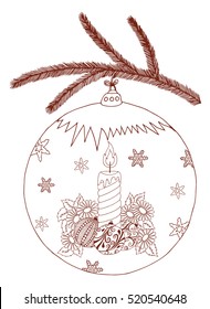 Vector illustration zentangle, Christmas toys displayed on the New Year candle. Doodle drawing. Meditative exercises. Coloring book anti stress for adults.Brown and white.