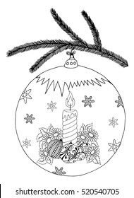 Vector illustration zentangle, Christmas toys displayed on the New Year candle. Doodle drawing. Meditative exercises. Coloring book anti stress for adults. Black and white.