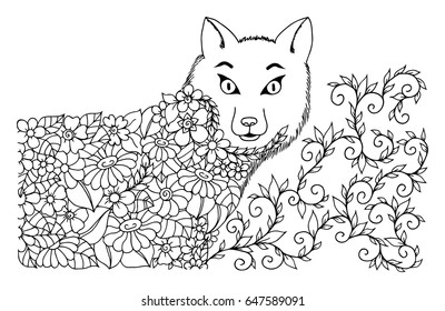 Vector illustration of zentangle drawing foxes of flowers. The work is done manually. Meditative exercises. The book is a coloring book for adults and children. Black and white.