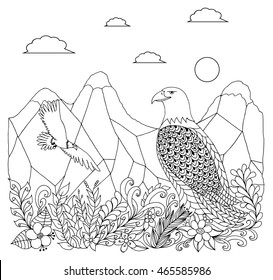 Vector illustration Zentangle eagle in the mountains with flowers. Coloring Book, anti-stress for adults. Black and white.