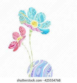 Vector illustration of zentangle flowers with wave patterned ball. Colorful ornate picture.