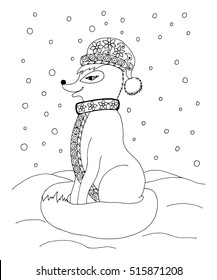 Vector illustration zentangle, fox a fur coat in the snow. Coloring Book, anti-stress for adults. Black and white.