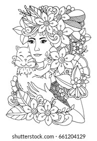 Vector illustration of a zentangle, a girl in flowers with a kitten in her arms. Drawing scribbles. Page coloring Antistress for adults and children. The work was done in manual mode. Black and white.