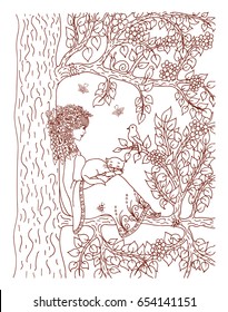 Vector illustration of a zentangle girl on a tree with a kitten on her hands. Meditative exercises. The book is a coloring book for adults and children. Brown and white.