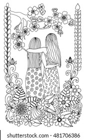 Vector illustration zentangle girlfriend at Sakura flowers. Doodle drawing. Meditative exercises. Coloring anti stress for adults. Black and white.