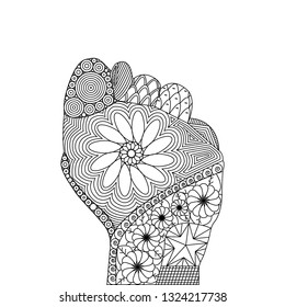 Vector illustration of zentangle hand of shish or dula. Gesture of mockery, contempt and humiliation. Abstract artistic drawing with doodle elements isolated. Meditating line art of international sign