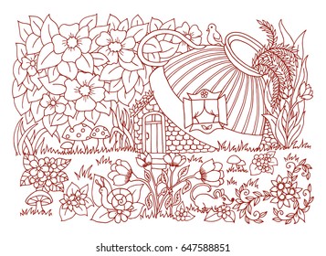 Vector illustration of a zentangle house for a mouse built from a cup on a clearing among the flowers. The work is done manually. The book is a coloring book for adults and children. Brown and white.