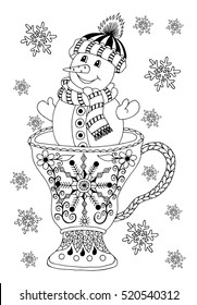 Vector illustration zentangle, jolly snowman in a mug among the snowflakes. Doodle drawing. Meditative exercises. Coloring book anti stress for adults. Black and white.