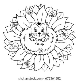 Vector illustration zentangle. Kitten on a flower surrounded by insects. Coloring book. Anti-stress for adults and children. The work is done in manual mode. Black and white.