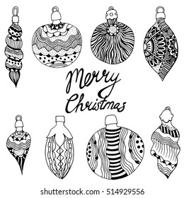 Vector illustration ZenTangle, Letering Merry Christmas. Set of toys elements. Doodle drawing. Coloring book anti stress for adults. Black white.