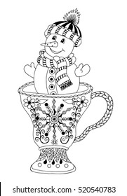 Vector illustration zentangle, merry snowman mug. Doodle drawing. Meditative exercises. Coloring book anti stress for adults. Black and white.