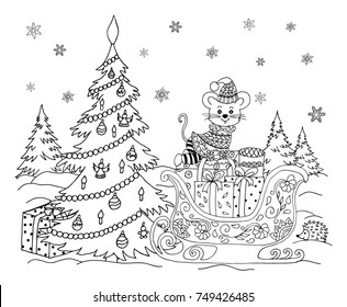 Vector illustration zentangle. A mouse in a New Year sled with gifts near the Christmas tree. Coloring book. Antistress for adults and children. The work was done in manual mode. Black and white.